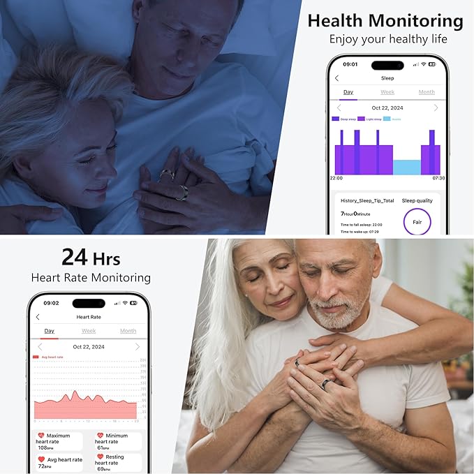 Thin Smart Ring for Fitness & Health Tracking -Heart Rate/Blood Oxygen Monitor, 5ATM Waterproof, Sleep Analysis, Pedometer -No APP Subscription Compatible with Smartphone (Black, 7)