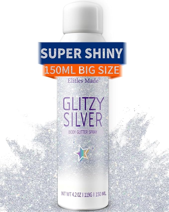 Hair Glitter Body Glitter Spray, 150ML Glitter Hairapray Silver Glitter Spray for Hair and Boday, Hair Glitter for Kids Women, Body Shimmer Festival Rave and Makeup 4.2 Fl Oz