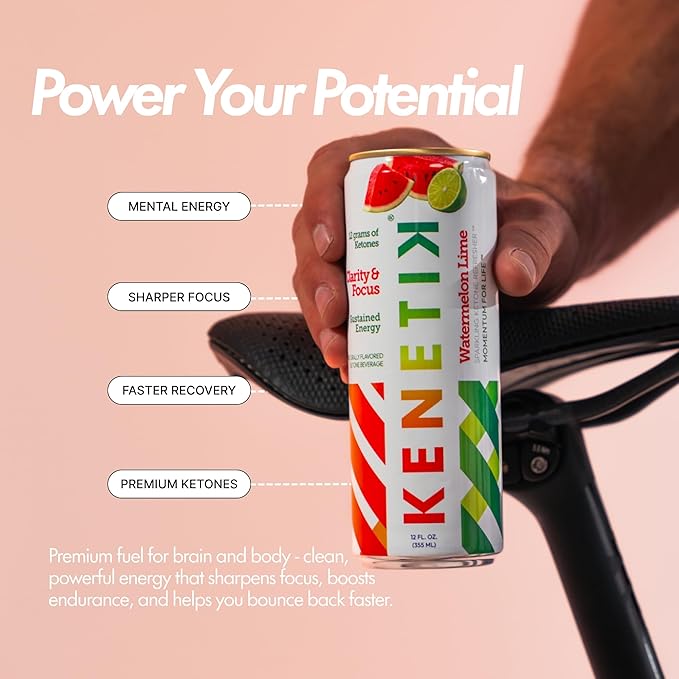 NEW! KENETIK Nootropic Ketone Drink, Ketones for Energy & Focus, Caffeine & Sugar Free, High Performance D-BHB Ketone Mix, Fuel w/Zero Crash or Jitters, Ready to Drink - Watermelon Lime 6 Pk