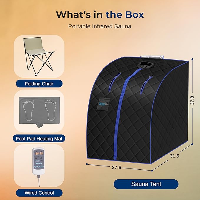 SereneLife Compact & Portable Infrared Steam Sauna, Personal Spa Style Sauna for at-Home Relaxation and Rejuvenation, Easy Access Sit-in Design, Foldable Chair, Energy Efficient, Foot Pad Heating Mat