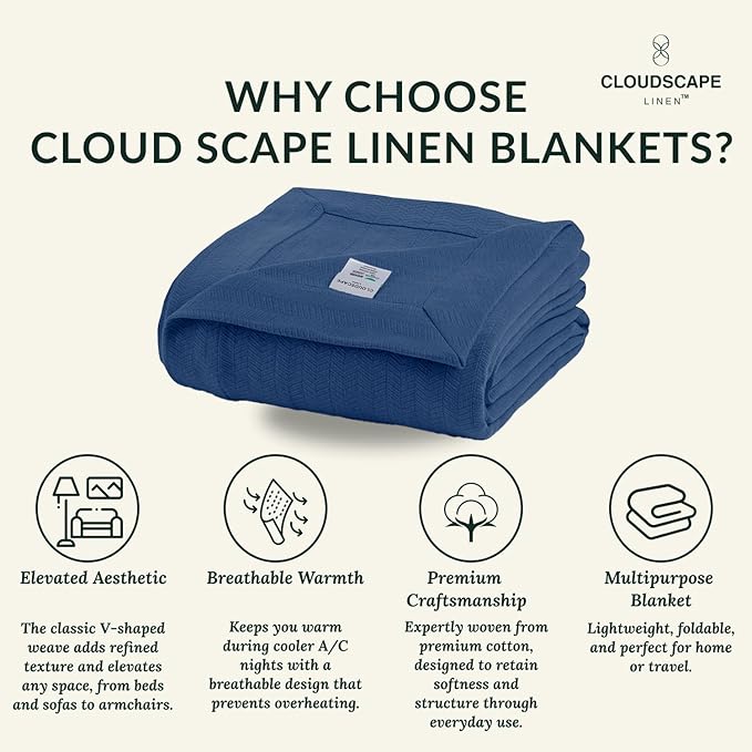 Herringbone Cotton Twin Blanket for Couch, Bed,Sofa, Home Decor, Soft, Lightweight, All-Season Bed Blanket, 68 x92, Ensign Blue