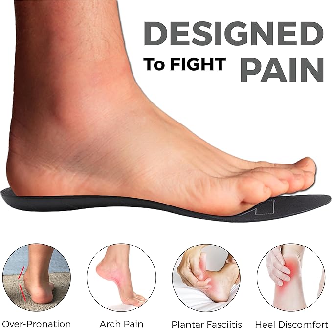 Ultra-Thin Plantar Fasciitis Insoles Designed for Comfort & Maximum Pain Relief, Ideal for Dress Shoes & Boots | Black (Men's 11-11.5, Women's 12.5)