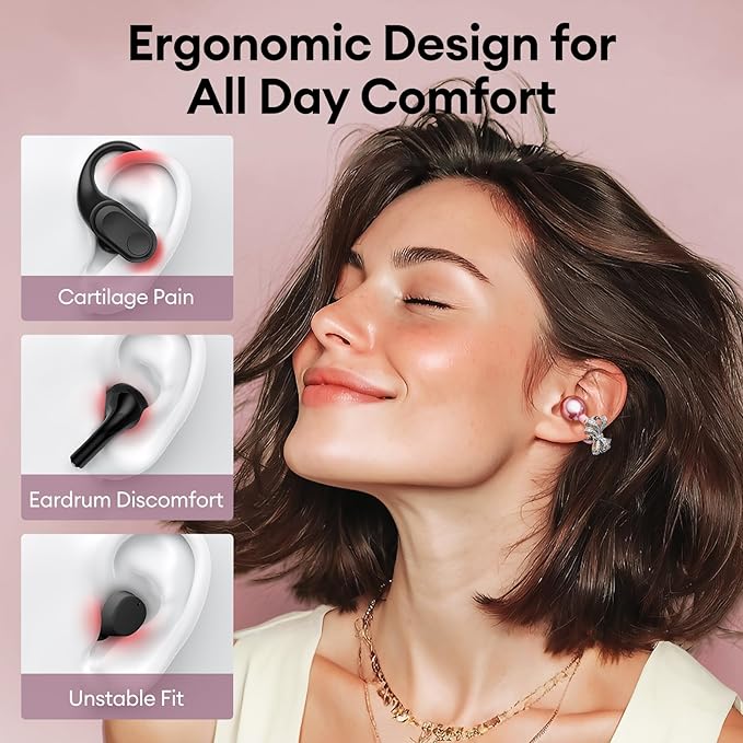 PAXA Stylish Open Ear Clip On Earbuds with Removable Butterfly Earring, Clip On Headphones with LCD Touch Screen, Fashionables Open Ear Headphones for Women, Bow Tie Earring Rose Gold Earbuds