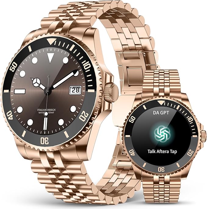 2025 DA GPT Smart Watch, Deep Search, Heart Rate, Blood Pressure, Blood Oxygen, Sleep Monitor, 107 Sports Modes, Waterproof Round Watch, 1.19-inch AMOLED Display, Compatible Android and iOS Gold Metal