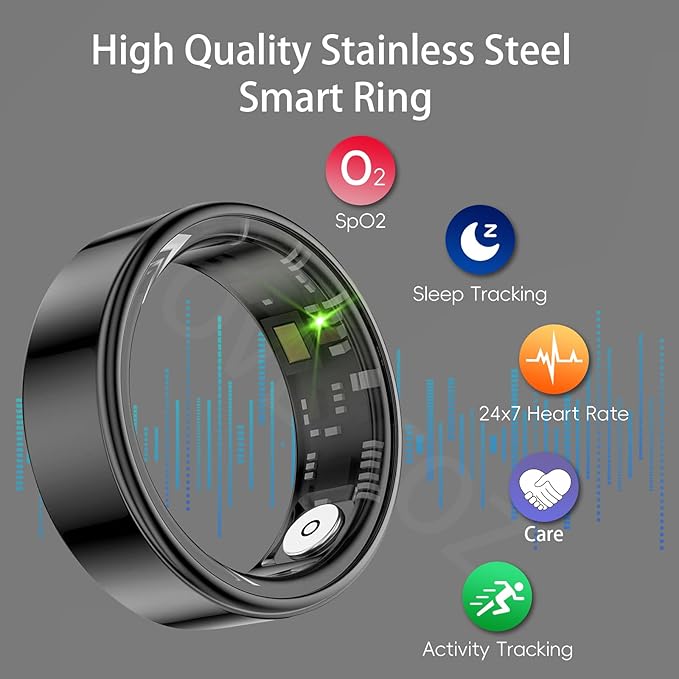 Smart Ring Health Tracker, Fitness Sleep and Heart Rate Monitor Smart Ring, Waterproof Bluetooth Fitness Tracker Ring IPX68 Waterproof (Black, 12)