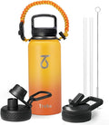 Trebo 32oz Water Bottle Insulated with Lid and Straw,Double Wall Vacuum Stainless Steel Metal Tumbler Sports Flask with Paracord Handle, Keep Hot 24 Hours & Cold 48 Hours Water Cup with 3 Lids, Orange