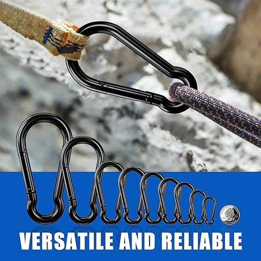 KINLINK 10 Pack Black Carabiner Clip, 3.54 inch Heavy Duty Spring Snap Hook, Caribeener Clips for Camping, Hiking, Travel, Fishing, Quick Link Keychain, Water Bottle, Backpack
