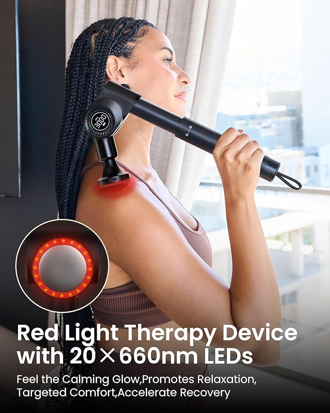 Massage Gun with Heat and Red Light Therapy,Deep Tissue Percussion Back Massager for Muscle/Neck/Body Pain Relief with Long Extension Retractable Handle,32-Speeds,Foldable,5 Adjustable