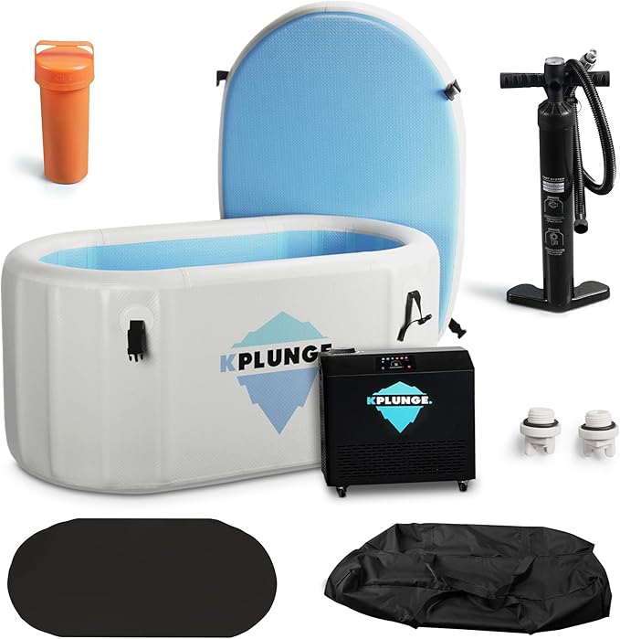 Kodiak 59" 1-Person Inflatable Cold Plunge Ice Bath or Hot Tub with 1 HP Chiller and Heater, PVC Insulated Lid, Hand Pump, Repair Kit, 110-Gallon Capacity, Indoor/Outdoor Tub – Gray