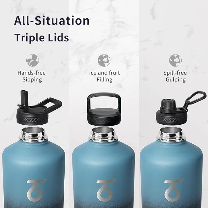 Trebo One Gallon Water Bottle Insulated with Paracord Handle,128oz Large Stainless Steel Water Jug,Vacuum Double Wall Insulated 24hr Cold Retention,Leakproof Flask with 3 Lids,Indigo Black