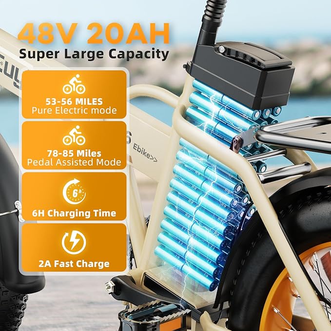 1000W Folding Electric Bike, 48V 20AH Large Removable Battery E Bike, 30+MPH, 80 Miles Max Range, 20