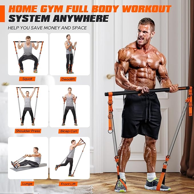Pilates Bar Kit with Resistance Bands, Heavy Duty Pilates Equipment for Men, Strength Training Bar for Legs, Hip, Back, Arm, Abs, Chest, Shoulders, Portable Home Gym Full Body Workout Equipment
