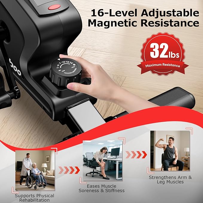 pooboo Under Desk Bike Pedal Exerciser, Quiet Magnetic Mini Exercise Bike with 16 Resistance Levels, Arm & Leg Workout, Resistance Bands & Non-Slip Mat for Home Office Therapy