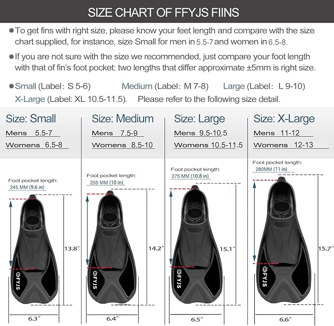 FYJS Short Swim Fins with Comfortable Full Foot Pocket Travel-Size for Snorkeling and Scuba Diving