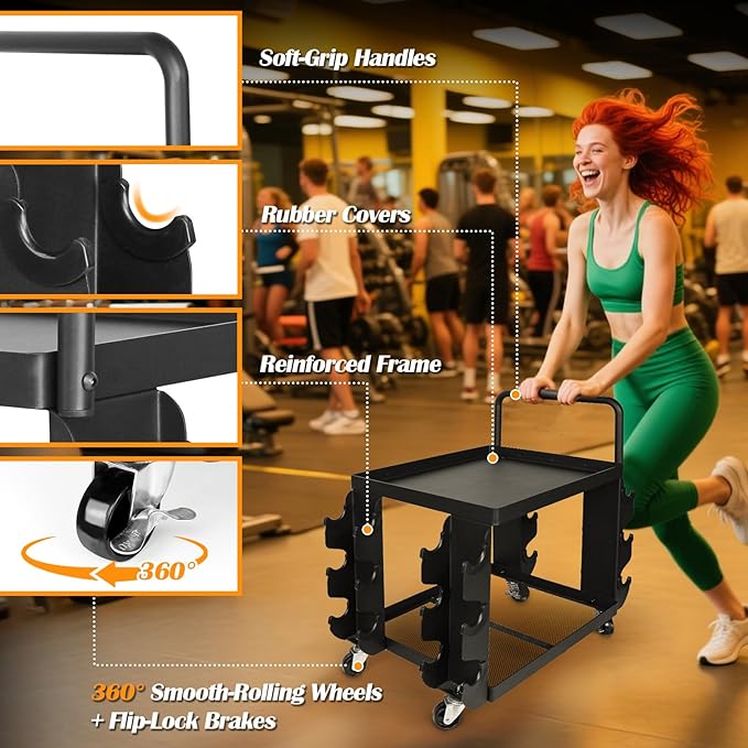 Dumbbell Rack Stand Only - Home Gym Equipment Storage Rack with Rubber Covers & Wheels - Compact Mobile Cart Design for Kettlebells, Yoga Mats & Fitness Gear