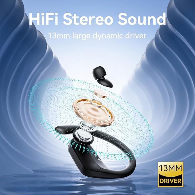 occiam Active Noise Cancelling Ear Buds Wireless Earbuds Bluetooth Headphones 96Hrs Playback LED Display Over-Ear Waterproof Earphones with Earhooks Mics Clear Call for Sport/Running/Workout Black