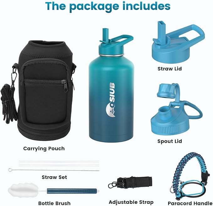 Insulated Water Bottle 128 oz, Triple Wall Vacuum Stainless Steel(Cold for 48 Hrs),Leak Proof & BPA-Free,One Gallon Water Bottle with Reflective Paracord & Flip Straw for Sports & Travel, CyanBlue