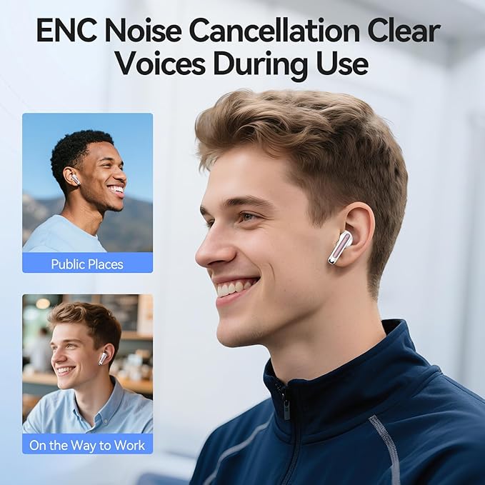 Wireless Earbuds, 2025 Bluetooth 5.3 Headphones HiFi Stereo 50H Playback Ear Buds with Led Digital Display, ENC Noise Cancelling Earbuds for Laptop Computer, iOS, Android, Rose Gold