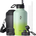 Half Gallon Water Bottle Insulated with Straw & 3 Lids, Coolflask 64 oz Water Jug Large Metal Stainless Steel Wide Mouth for Sports, Gym or Office, Non-BPA Keep Cold 48H Hot 24H, Ombre Green