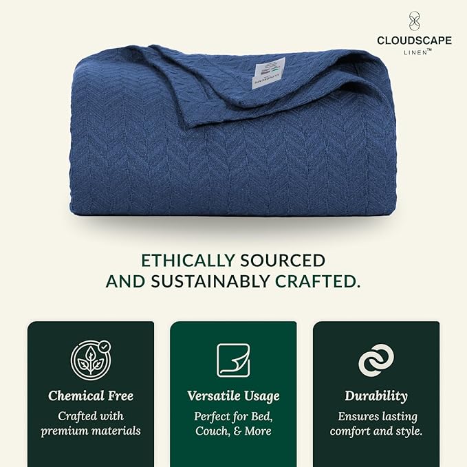 Herringbone Cotton Twin Blanket for Couch, Bed,Sofa, Home Decor, Soft, Lightweight, All-Season Bed Blanket, 68 x92, Ensign Blue