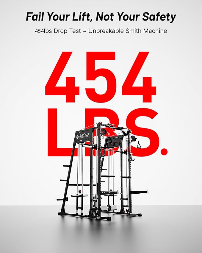Mikolo Smith Machine, 2200lbs Squat Rack with LAT-Pull Down System & Cable Crossover Machine, Training Equipment with Leg Hold-Down Attachment