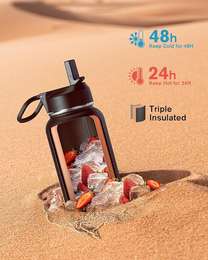 Water Bottle 32 oz Insulated with Straw, Coolflask Stainless Steel Metal 3 Lids Water Flask Wide Mouth for Sports or Office, Non-BPA Keep Cold Up to 48 Hrs or Hot Up to 24 Hrs, Magic Black