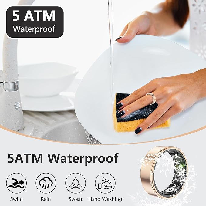 Thin Smart Ring for Fitness & Health Tracking -Heart Rate/Blood Oxygen Monitor, 5ATM Waterproof, Sleep Analysis, Pedometer -No APP Subscription Compatible with Smartphone (Rose Gold, 10)
