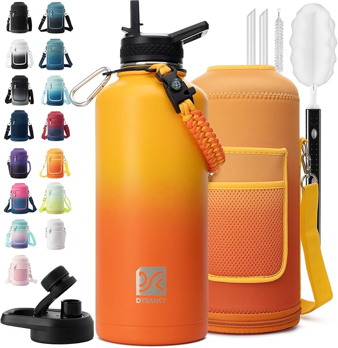 Insulated Water Bottle | Thickened Stainless Steel for Gym and Hiking with Straw, Carrier Bag, Handle Strap | BPA-Free 87 oz
