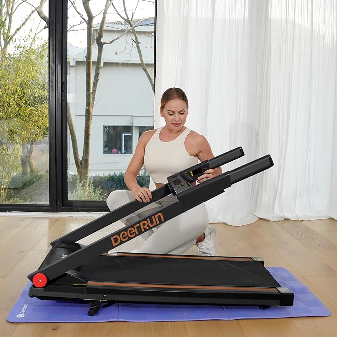 DeerRun Treadmills for Home with Incline and Handles, 3.5 HP Foldable Treadmill 350 LBS Weight Capacity for Small Spaces, Folding Running Machine with Smart APP