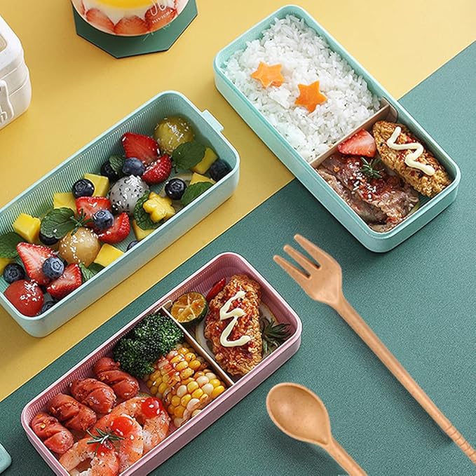 Iteryn Bento Adults Lunch Box, Stackable Bento Box, 3-In-1 Compartment - Wheat Straw, Leakproof Bento Lunch Box Meal Prep Containers