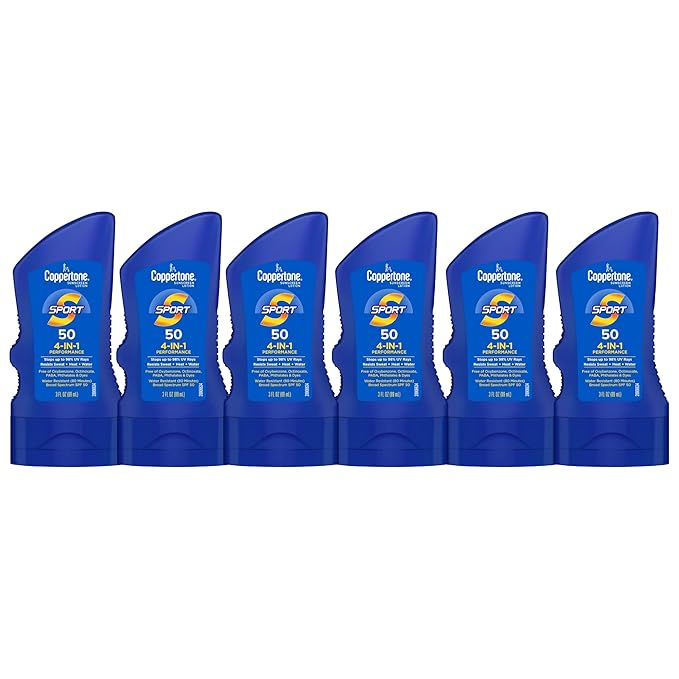 Coppertone Sport Sunscreen Lotion SPF 50, Sweat, Heat and Water Resistant Sunblock, Lightweight, Oxybenzone Free, Travel Size Sunscreen Bulk Pack, 3 Fl Oz Bottle, Pack of 6