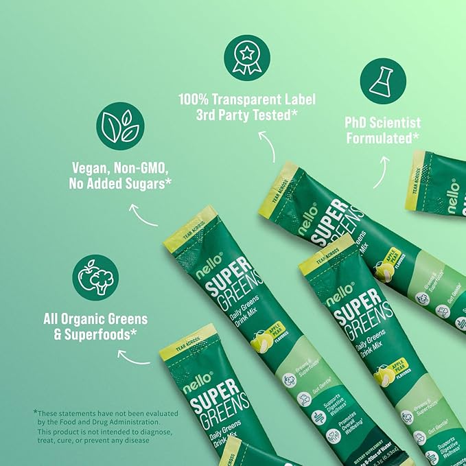Supergreens Superfood Drink Mix with Chlorella, Moringa, Spinach, Broccoli, Digestive Enzymes, and Probiotics – Apple Pear Flavor, 20 Servings, Travel Pack