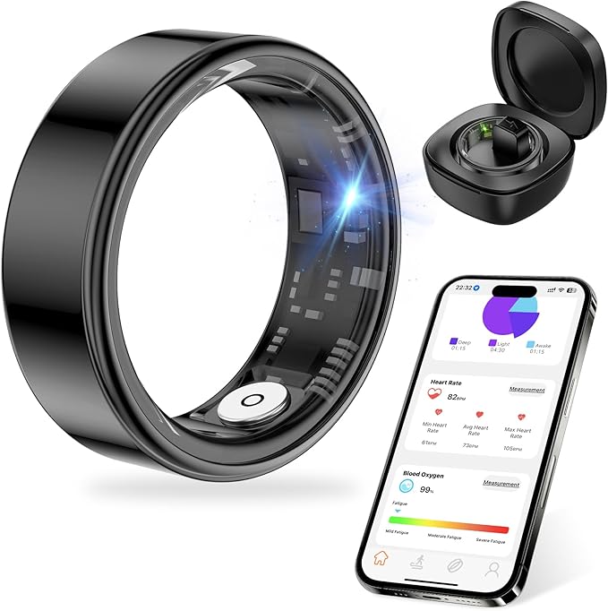 Thin Smart Ring for Fitness & Health Tracking -Heart Rate/Blood Oxygen Monitor, 5ATM Waterproof, Sleep Analysis, Pedometer -No APP Subscription Compatible with Smartphone (Black, 8)