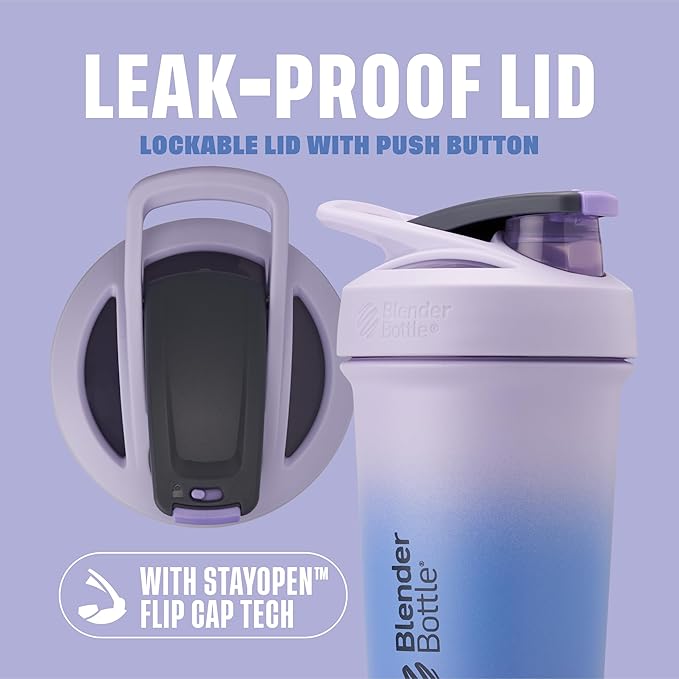 BlenderBottle Sport Sleek Insulated Stainless Steel Shaker Bottle with Wire Whisk, 25-Ounce, Lavender Ombre – Protein Shakes & Hydration for Athletes & Fitness Enthusiasts, Easy Mixing, Slim Easy to Hold, Keeps Drinks Cold, Lockable Lid