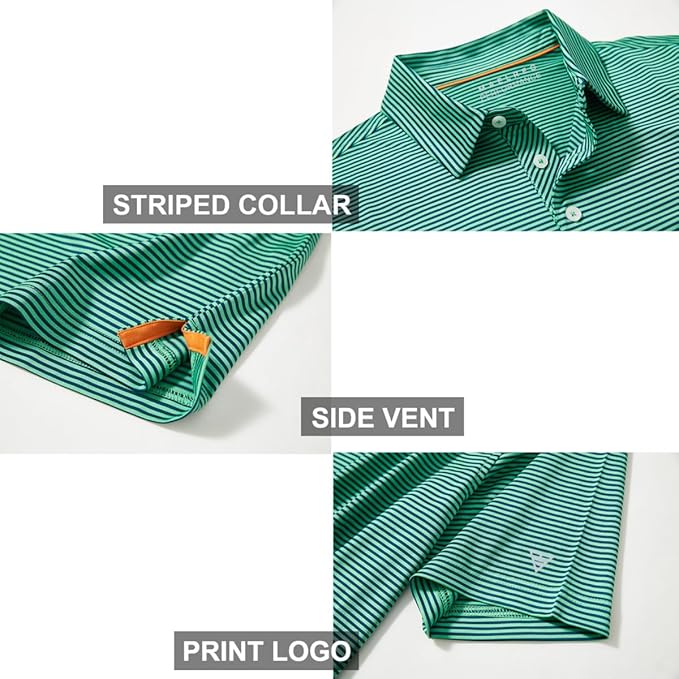 Men's Golf Polo Shirts Short Sleeve Striped Performance Moisture Wicking Dry Fit Golf Shirts for Men