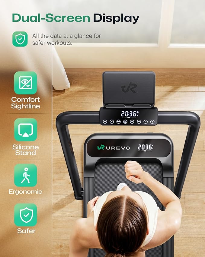 Smart Treadmill with 9% Auto Incline, Hiking and Running Walking Pad Treadmills for Home Office, Treadmill with UREVO APP, AI Powered Music Course, HIIT Programs Synced to Scenic Route, One-Click Mute
