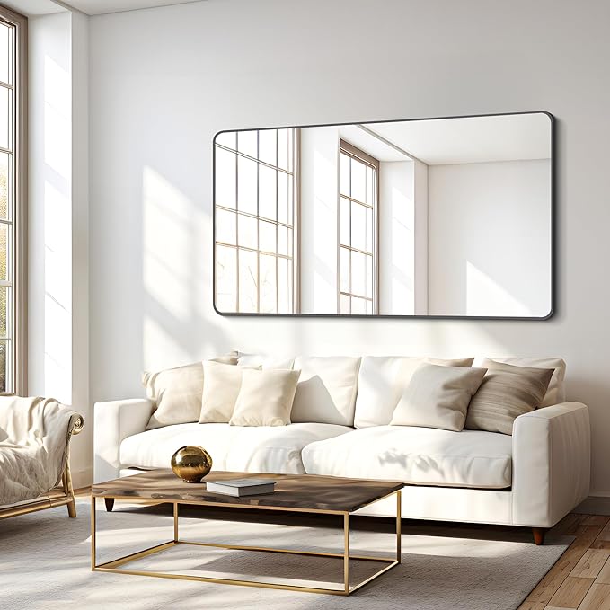 FORBATH Bathroom Mirror 30" x 55", Large Rectangular Wall Mirror with Black Aluminum Frame Rounded Corner, Wall Mounted Mirror for Bathroom Bedroom Entryway Living Room