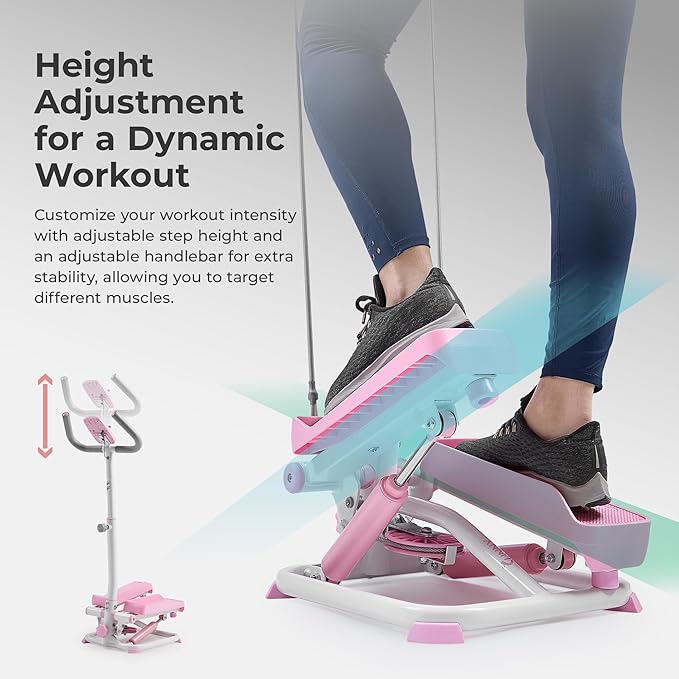 Sunny Health & Fitness Total Body 2-in-1 Smart Stepper Machine for Home with Handlebar and Resistance Bands, Total Body Workout, Adjustable Hydraulic, LCD Monitor, Non-Slip Pedals – 330 LB Max Weight