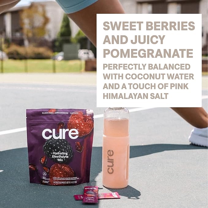 Cure Hydration | Plant-Based Electrolyte Drink Mix | No Added Sugar | FSA-HSA | Dehydration Relief Powder Made with Coconut Water | Non-GMO | Vegan | Pouch of 14 Packets - Berry Pomegranate