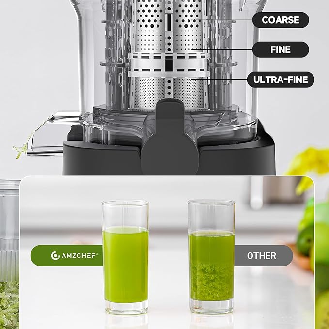 AMZCHEF Cold Press Juicer, Juicers Machines - 5.4" Large Feed Chute for Whole Fruits & Vegetables, Stainless Steel Slow Masticating Juice Easy to Clean, Large Auger, Triple Strainers, Silver