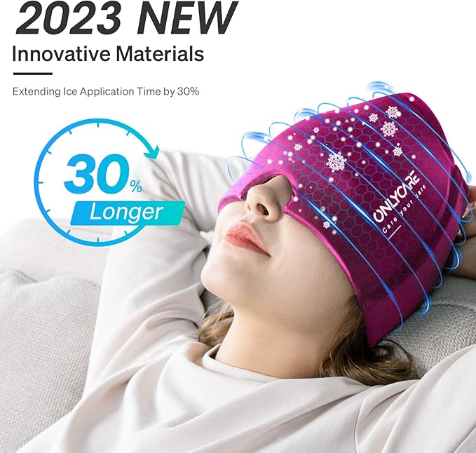 ONLYCARE Migraine Relief Cap, Upgraded Odorless Migraine Ice Head Wrap, Headache Relief Hat for Migraine, Hot Pink