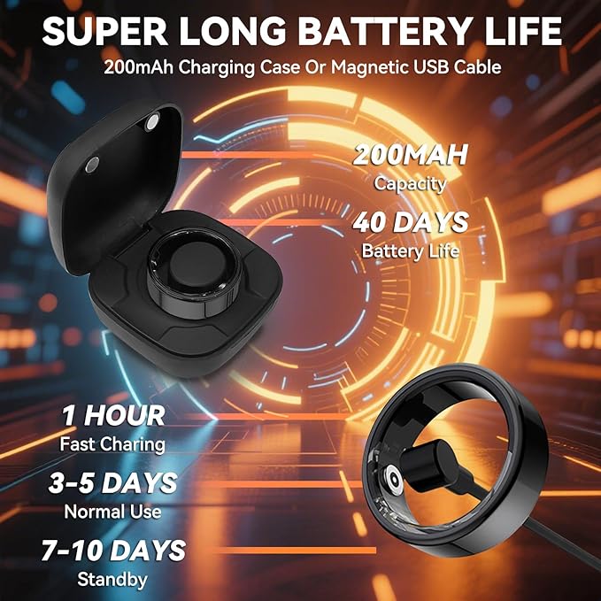 Smart Ring for Men Women with Black Charging Box, Bluetooth, Health Ring , IP68 Waterproof, Fitness Ring Tracks Heart Rate/Sleep/Steps/Sports Activities/Blood Oxygen,non-subscription app (Black, 9)