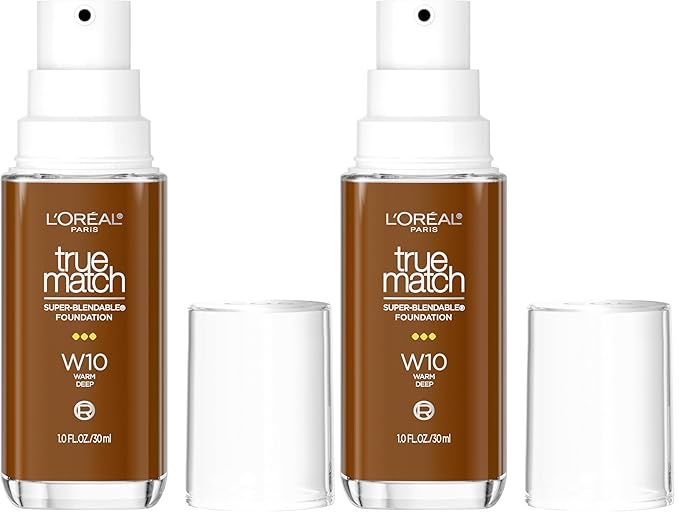 L’Oréal Paris True Match Super-Blendable Foundation, Medium Coverage Liquid Foundation Makeup with SPF 17, W10, Deep, 1 Fl Oz (Pack of 2)