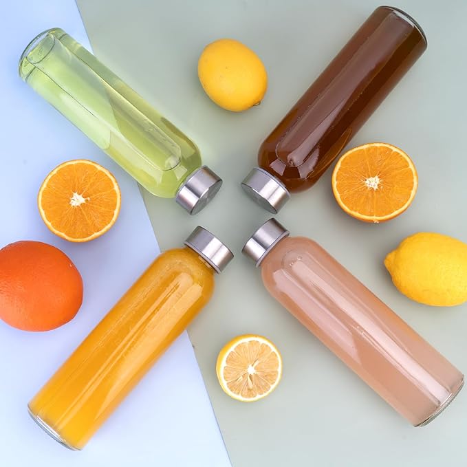 Sursip 24oz Glass Water Bottle Set of 10, Leak Proof Clear glass juice bottle for juicing, Reusable Drinking Bottles with Stainless Steel Lid, Beverage Storage Containers for Refrigerator-BPA Free