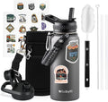 32 oz Insulated Water Bottle with Straw (Cold for 48 Hrs), Stainless Steel Triple Wall Vacuum Sports Water Jug, Leakproof Hydro Cup Flask with Paracord Handle & Straw Spout Lids & DIY Stickers