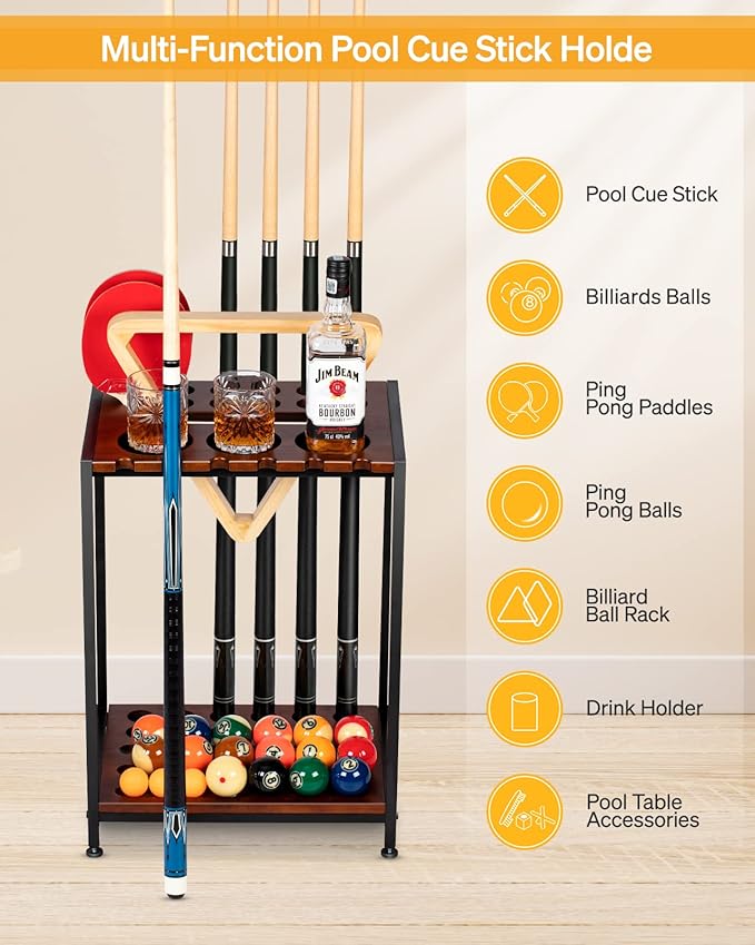Billiards Pool Stick Holder - Pool Cue Rack Floor Stand & Ping Pong Paddle Holder Hardwood Pool Cue Holder for 12 Cues Sticks Pool Table Accessories Organizer (Brown)