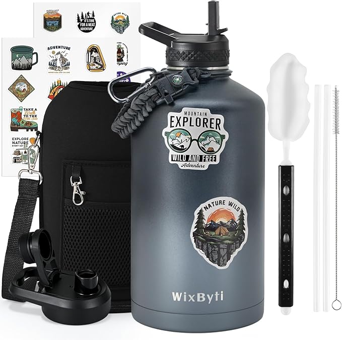 One Gallon Water Bottle Insulated with DIY Stickers, Triple Wall Vacuum Cold for 48 Hrs Leak-proof Non-BPA, 128oz Large Sports Stainless Steel Water Jug with Paracord Handle Straw Spout Lids