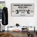 Tailored Canvases Personalized Gym Sign Wall Art Decor - Motivational Canvas for Home Gym, Workout Room, Garage, Fitness Center - Workout Inspirational Posters - House of Misery and Pain, White Wood 36x12in