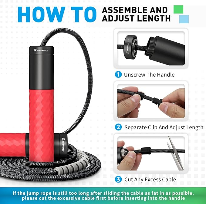 Weighted Jump Rope for Men, Women (1.5LB) - Alloy Steel Handles, Speed Skipping Rope, Gym,Indoor/Outdoor - Fitness, Workout, Boxing - Solid PVC & Cotton Rope