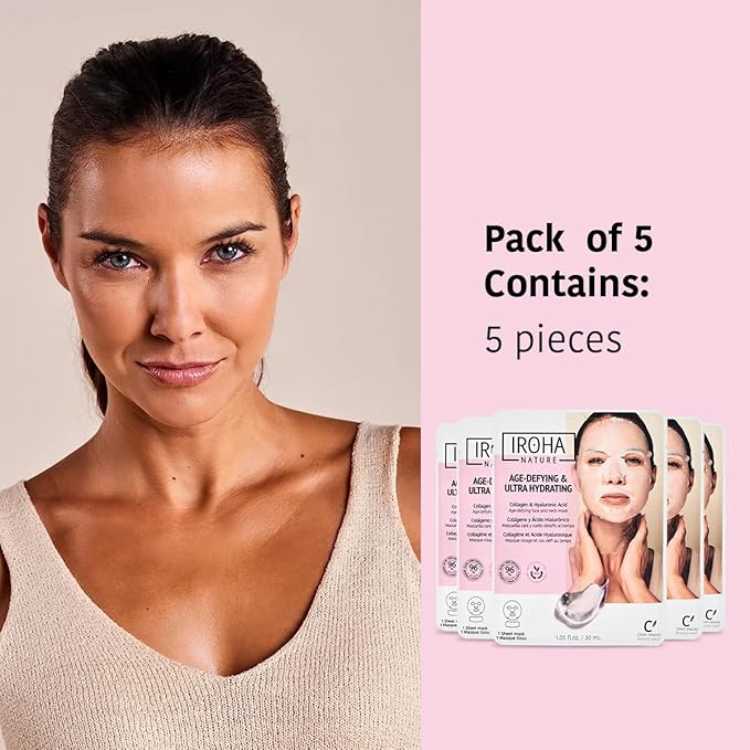 IROHA NATURE Face Masks - Packs for Better Skin (Pack of 5, Anti-Aging Face & Neck Tissue Mask with Collagen (96% Natural Ingredients))